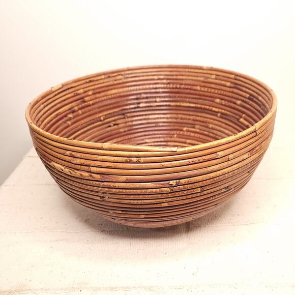 Pencil Reed Rattan Large Serving Bowl MCM Crespi Style Basket 14.5” - Picture 2 of 7